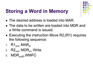 Storing a Word in Memory
⚫ The desired address is loaded into MAR.
⚫ The data to be written are loaded into MDR and
a Write command is issued.
⚫ Executing the instruction Move R2,(R1) requires
the following sequence:
1. R1out, MARin
2. R2out, MDRin, Write
3. MDRoutE,WMFC
 
