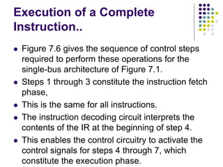 Execution of a Complete
Instruction..
⚫ Figure 7.6 gives the sequence of control steps
required to perform these operations for the
single-bus architecture of Figure 7.1.
⚫ Steps 1 through 3 constitute the instruction fetch
phase,
⚫ This is the same for all instructions.
⚫ The instruction decoding circuit interprets the
contents of the IR at the beginning of step 4.
⚫ This enables the control circuitry to activate the
control signals for steps 4 through 7, which
constitute the execution phase.
 