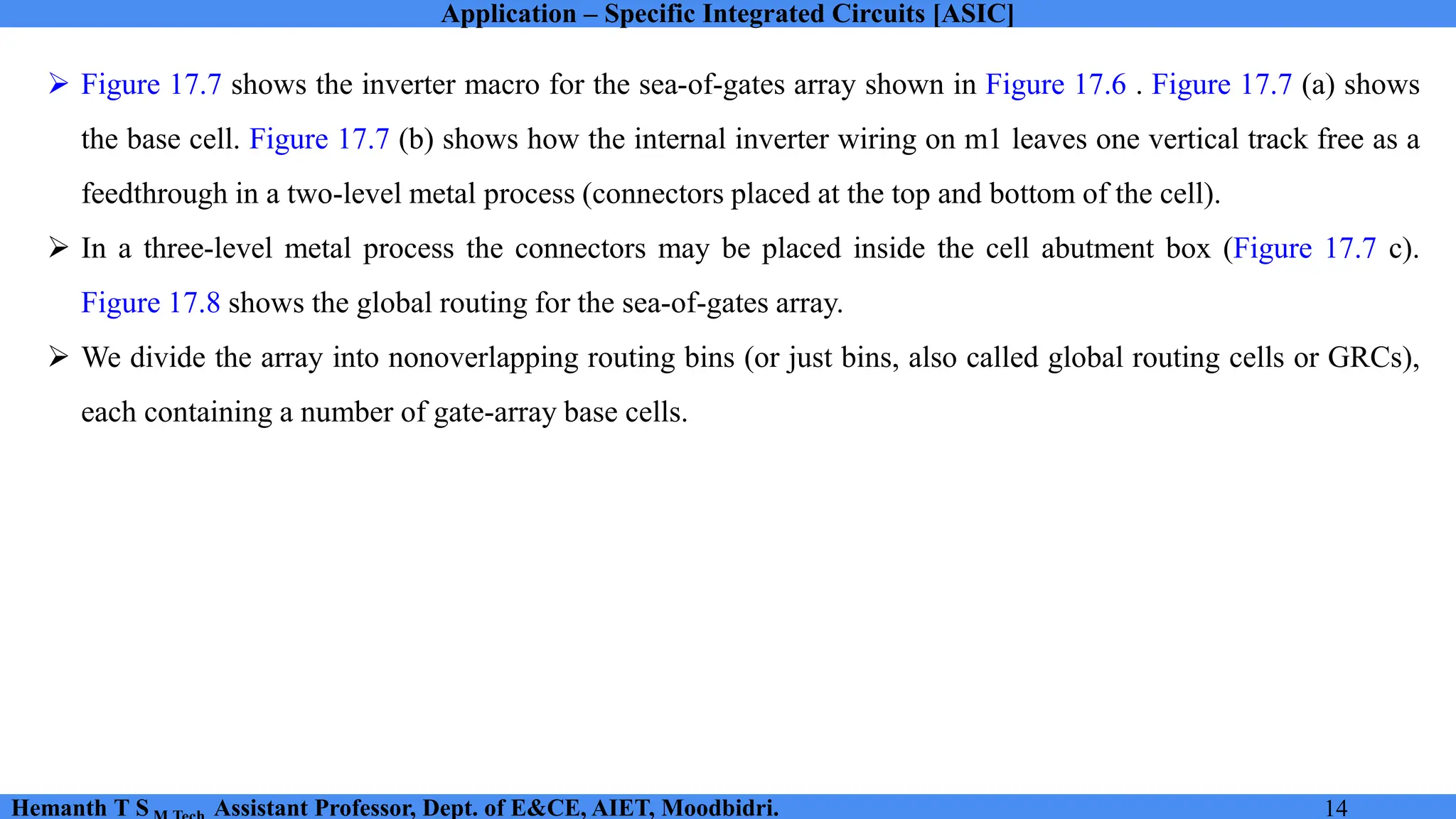 Application – Specific Integrated Circuits [ASIC]
Hemanth T S Assistant Professor, Dept. of E&CE, AIET, Moodbidri. 14
➢ Figure 17.7 shows the inverter macro for the sea-of-gates array shown in Figure 17.6 . Figure 17.7 (a) shows
the base cell. Figure 17.7 (b) shows how the internal inverter wiring on m1 leaves one vertical track free as a
feedthrough in a two-level metal process (connectors placed at the top and bottom of the cell).
➢ In a three-level metal process the connectors may be placed inside the cell abutment box (Figure 17.7 c).
Figure 17.8 shows the global routing for the sea-of-gates array.
➢ We divide the array into nonoverlapping routing bins (or just bins, also called global routing cells or GRCs),
each containing a number of gate-array base cells.
 