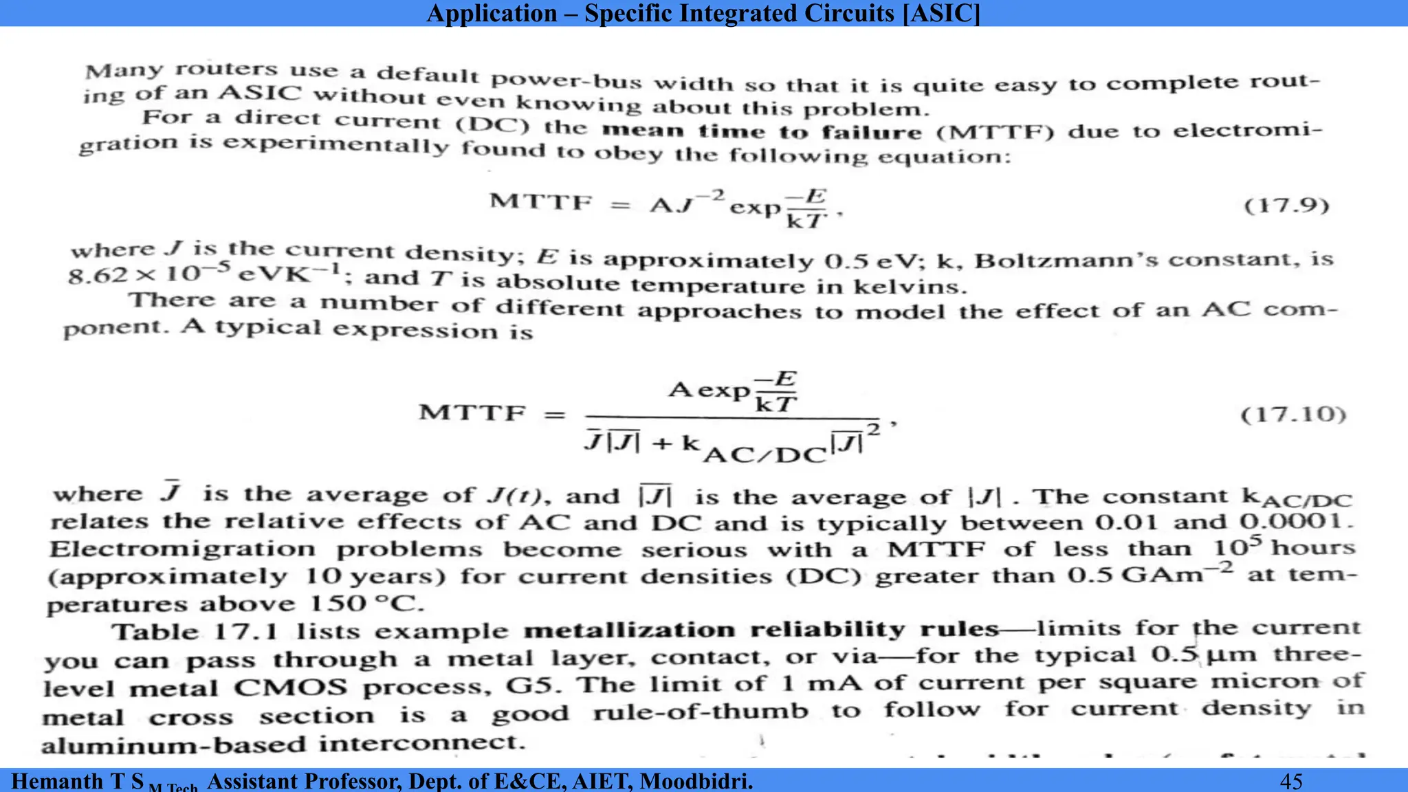 Application – Specific Integrated Circuits [ASIC]
Hemanth T S Assistant Professor, Dept. of E&CE, AIET, Moodbidri. 45
 