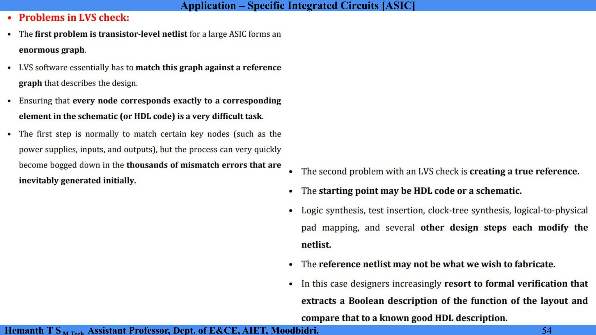 Application – Specific Integrated Circuits [ASIC]
Hemanth T S Assistant Professor, Dept. of E&CE, AIET, Moodbidri. 54
 