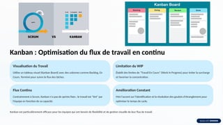 Kanban : Optimisation du flux de travail en continu
Visualisation du Travail
Utilise un tableau visuel (Kanban Board) avec des colonnes comme Backlog, En
Cours, Terminé pour suivre le flux des tâches.
Limitation du WIP
Établit des limites de "Travail En Cours" (Work In Progress) pour éviter la surcharge
et favoriser la concentration.
Flux Continu
Contrairement à Scrum, Kanban n'a pas de sprints fixes ; le travail est "tiré" par
l'équipe en fonction de sa capacité.
Amélioration Constant
Met l'accent sur l'identification et la résolution des goulots d'étranglement pour
optimiser le temps de cycle.
Kanban est particulièrement efficace pour les équipes qui ont besoin de flexibilité et de gestion visuelle de leur flux de travail.
 