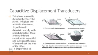 Capacitive Displacement Transducers
c) This shows a movable
dielectric between the
plates. This gives two
separate plate areas:
𝐴1 with an air
dielectric, and 𝐴2 with
a solid dielectric. There
are two different
capacitances in parallel,
and increasing the area
of one reduces the area
of the other.
∆𝐶 is proportional to
∆𝐴.
45
 