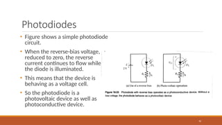 Photodiodes
92
• Figure shows a simple photodiode
circuit.
• When the reverse-bias voltage,
reduced to zero, the reverse
current continues to flow while
the diode is illuminated.
• This means that the device is
behaving as a voltage cell.
• So the photodiode is a
photovoltaic device as well as
photoconductive device.
 