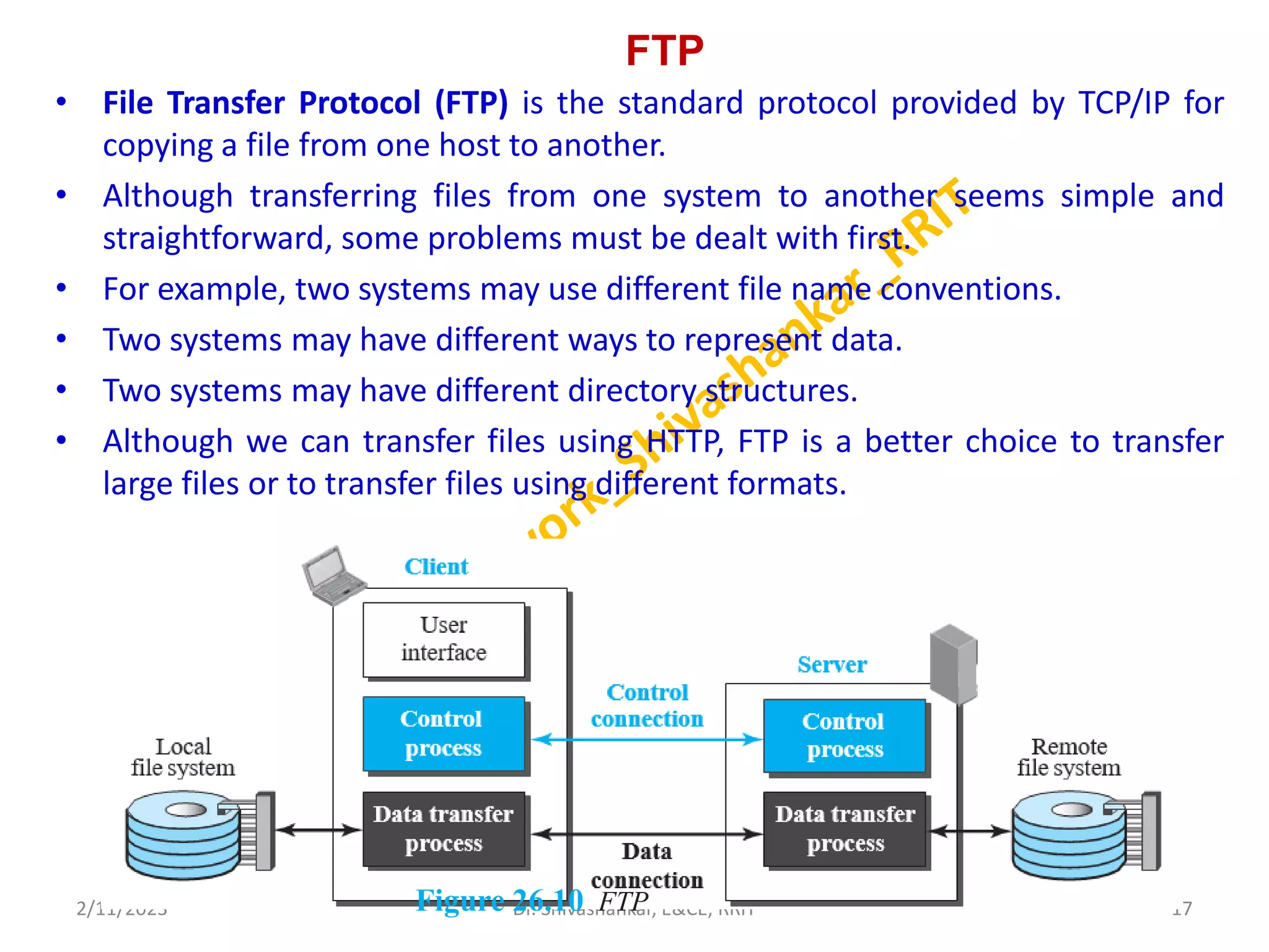 FTP
• File Transfer Protocol (FTP) is the standard protocol provided by TCP/IP for
copying a file from one host to another.
• Although transferring files from one system to another seems simple and
straightforward, some problems must be dealt with first.
• For example, two systems may use different file name conventions.
• Two systems may have different ways to represent data.
• Two systems may have different directory structures.
• Although we can transfer files using HTTP, FTP is a better choice to transfer
large files or to transfer files using different formats.
2/11/2023 17
Dr. Shivashankar, E&CE, RRIT
Figure 26.10 FTP
 