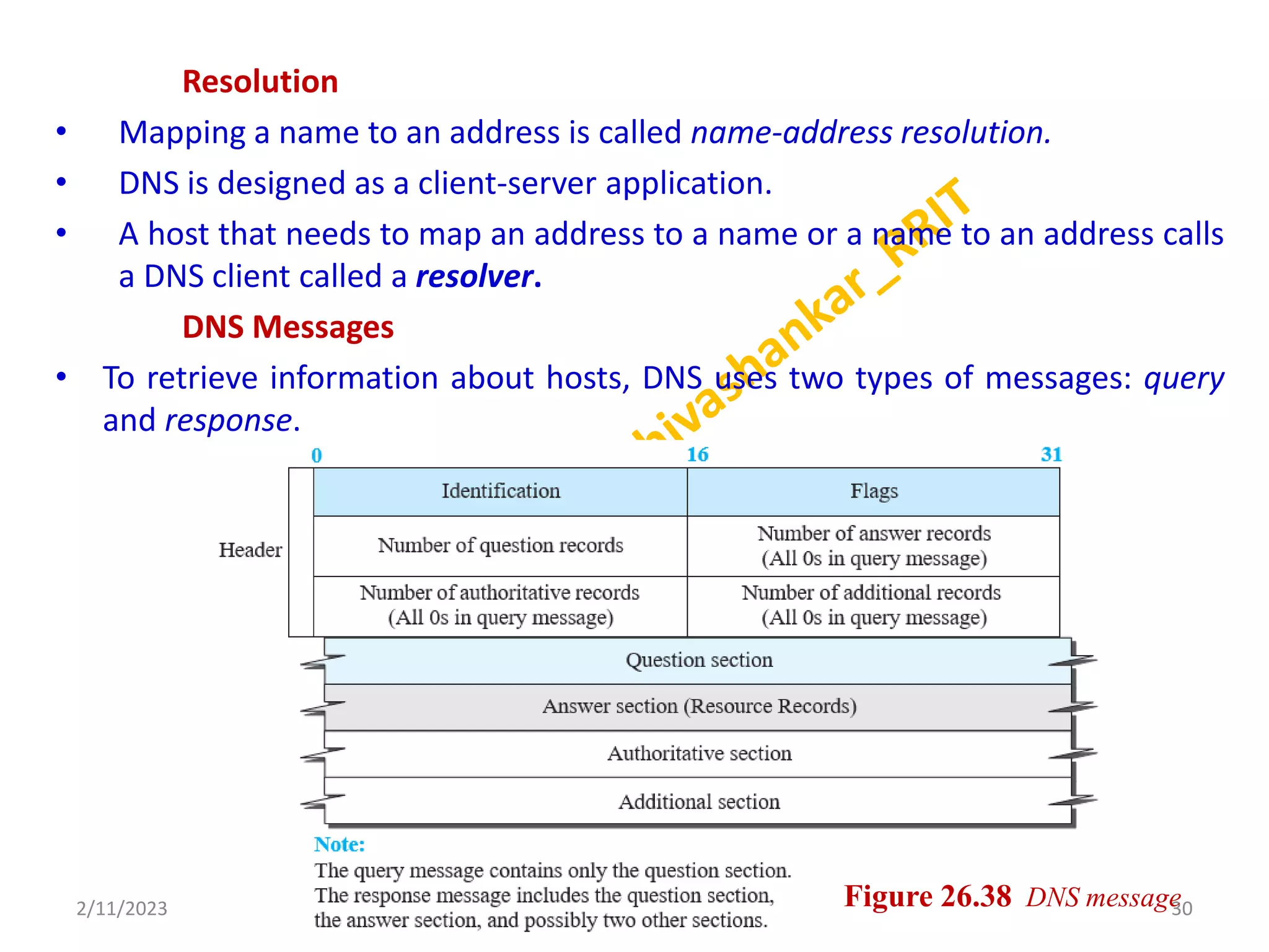 Resolution
• Mapping a name to an address is called name-address resolution.
• DNS is designed as a client-server application.
• A host that needs to map an address to a name or a name to an address calls
a DNS client called a resolver.
DNS Messages
• To retrieve information about hosts, DNS uses two types of messages: query
and response.
2/11/2023 30
Dr. Shivashankar, E&CE, RRIT Figure 26.38 DNS message
 