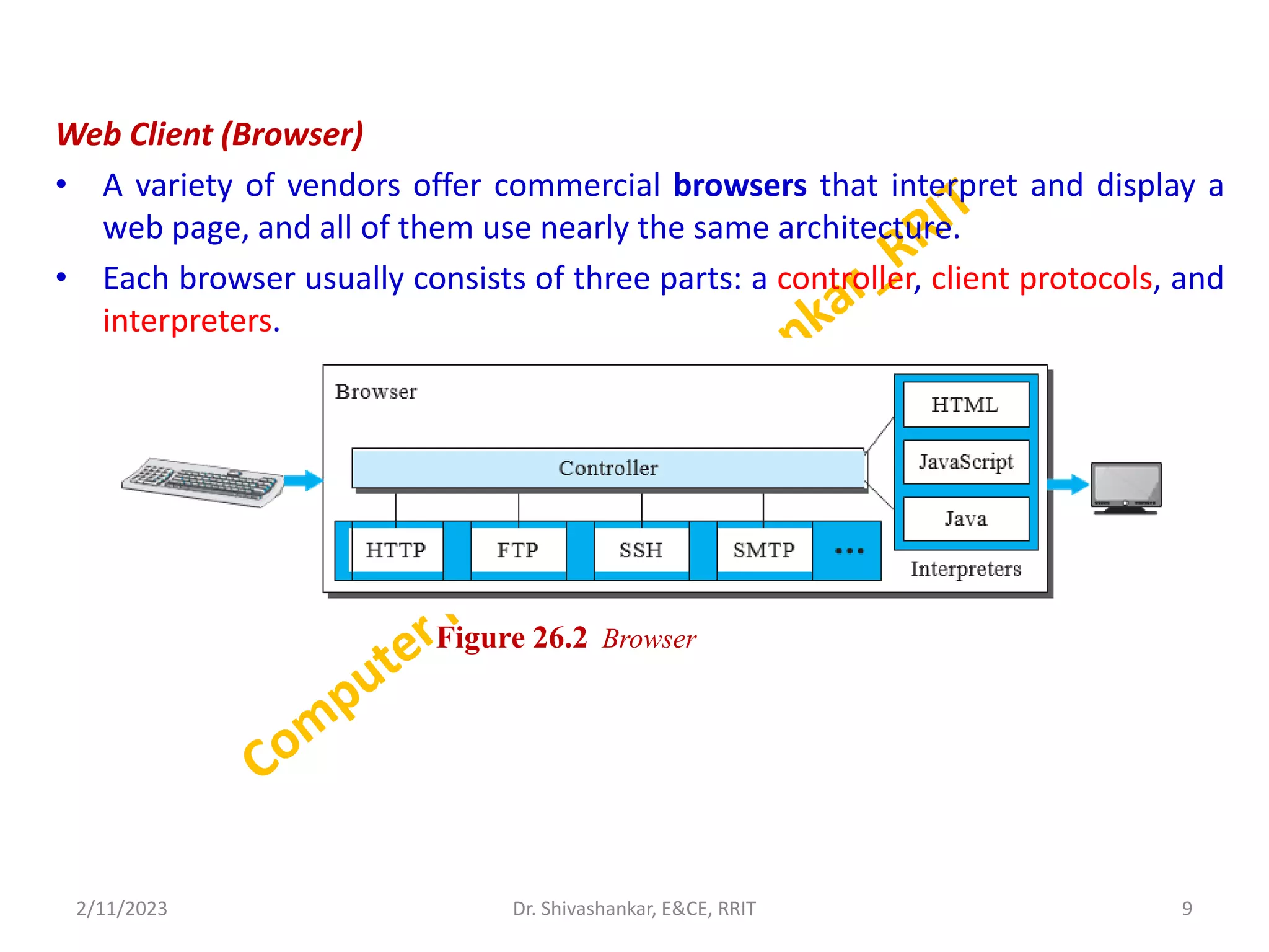 Web Client (Browser)
• A variety of vendors offer commercial browsers that interpret and display a
web page, and all of them use nearly the same architecture.
• Each browser usually consists of three parts: a controller, client protocols, and
interpreters.
2/11/2023 9
Dr. Shivashankar, E&CE, RRIT
Figure 26.2 Browser
 