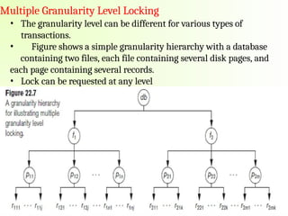 Multiple Granularity Level Locking
• The granularity level can be different for various types of
transactions.
• Figure shows a simple granularity hierarchy with a database
containing two files, each file containing several disk pages, and
each page containing several records.
• Lock can be requested at any level
 
