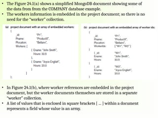 • The Figure 24.1(a) shows a simplified MongoDB document showing some of
the data from from the COMPANY database example.
• The workers information is embedded in the project document; so there is no
need for the “worker” collection.
• In Figure 24.1(b), where worker references are embedded in the project
document, but the worker documents themselves are stored in a separate
“worker” collection.
• A list of values that is enclosed in square brackets [ ... ] within a document
represents a field whose value is an array.
 