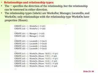 • Relationships and relationship types:
• The → specifies the direction of the relationship, but the relationship
can be traversed in either direction.
• The relationship types (labels) are WorksFor, Manager, LocatedIn, and
WorksOn; only relationships with the relationship type WorksOn have
properties (Hours).
Slide 23- 94
 