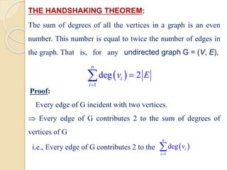 THE HANDSHAKING THEOREM:
The sum of degrees of all the vertices in a graph is an even
number. This number is equal to twice the number of edges in
the graph. That is, for any undirected graph G = (V, E),
 
1
deg 2
n
i
i
v E
=
=

Proof:
Every edge of G incident with two vertices.
 Every edge of G contributes 2 to the sum of degrees of
vertices of G
i.e., Every edge of G contributes 2 to the  
1
deg
n
i
i
v
=

 