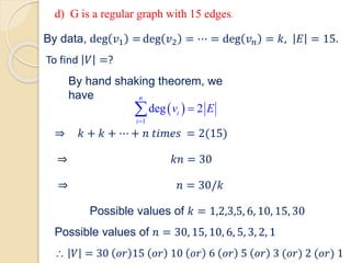 ⇒ 𝑘 + 𝑘 + ⋯ + 𝑛 𝑡𝑖𝑚𝑒𝑠 = 2(15)
⇒ 𝑘𝑛 = 30
⇒ 𝑛 = 30/𝑘
Possible values of 𝑘 = 1,2,3,5, 6, 10, 15, 30
Possible values of 𝑛 = 30, 15, 10, 6, 5, 3, 2, 1
 𝑉 = 30 𝑜𝑟 15 𝑜𝑟 10 𝑜𝑟 6 𝑜𝑟 5 𝑜𝑟 3 (𝑜𝑟) 2 (𝑜𝑟) 1
By data, deg 𝑣1 = deg 𝑣2 = ⋯ = deg 𝑣𝑛 = 𝑘, 𝐸 = 15.
To find 𝑉 =?
By hand shaking theorem, we
have
 
1
deg 2
n
i
i
v E
=
=

d) G is a regular graph with 15 edges.
 