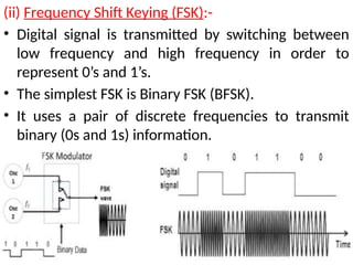 (ii) Frequency Shift Keying (FSK):-
• Digital signal is transmitted by switching between
low frequency and high frequency in order to
represent 0’s and 1’s.
• The simplest FSK is Binary FSK (BFSK).
• It uses a pair of discrete frequencies to transmit
binary (0s and 1s) information.
 
