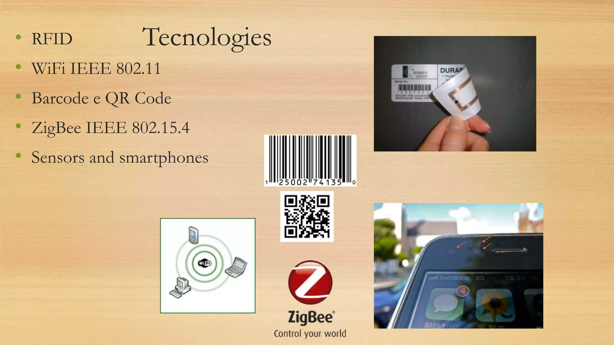 Tecnologies• RFID
• WiFi IEEE 802.11
• Barcode e QR Code
• ZigBee IEEE 802.15.4
• Sensors and smartphones
 