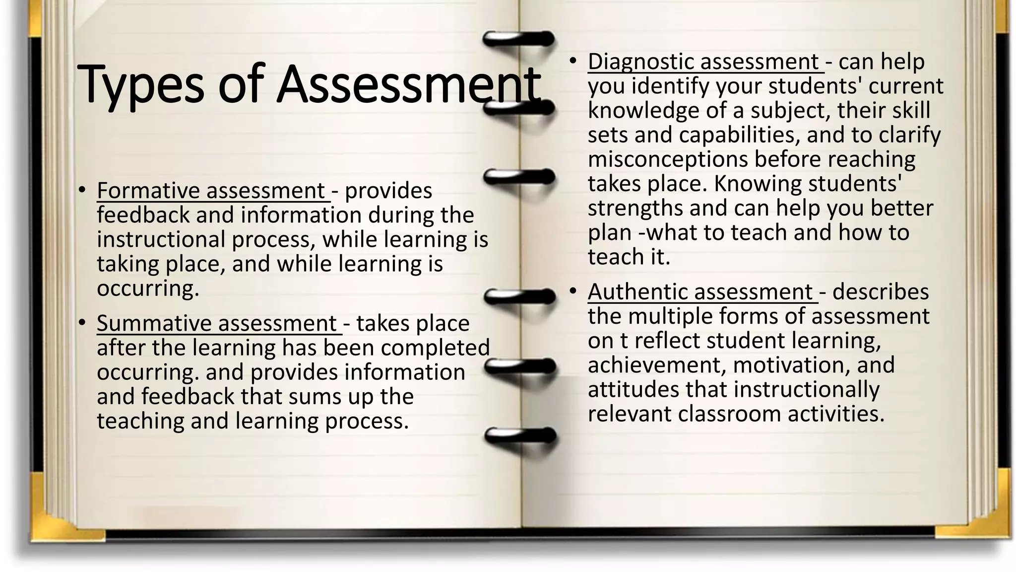 Types of Assessment
• Formative assessment - provides
feedback and information during the
instructional process, while learning is
taking place, and while learning is
occurring.
• Summative assessment - takes place
after the learning has been completed
occurring. and provides information
and feedback that sums up the
teaching and learning process.
• Diagnostic assessment - can help
you identify your students' current
knowledge of a subject, their skill
sets and capabilities, and to clarify
misconceptions before reaching
takes place. Knowing students'
strengths and can help you better
plan -what to teach and how to
teach it.
• Authentic assessment - describes
the multiple forms of assessment
on t reflect student learning,
achievement, motivation, and
attitudes that instructionally
relevant classroom activities.
 