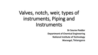 Valves, notch, weir, types of
instruments, Piping and
Instruments
Dr Sourav Poddar
Department of Chemical Engineering
National Institute of Technology
Warangal, Telangana
 