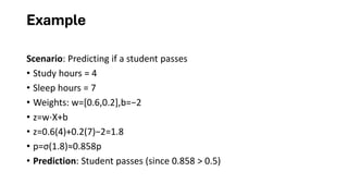 Example
Scenario: Predicting if a student passes
• Study hours = 4
• Sleep hours = 7
• Weights: w=[0.6,0.2],b=−2
• z=w⋅X+b
• z=0.6(4)+0.2(7)−2=1.8
• p=σ(1.8)≈0.858p
• Prediction: Student passes (since 0.858 > 0.5)
 