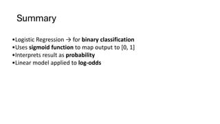 Summary
•Logistic Regression → for binary classification
•Uses sigmoid function to map output to [0, 1]
•Interprets result as probability
•Linear model applied to log-odds
 