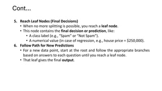 Cont…
5. Reach Leaf Nodes (Final Decisions)
• When no more splitting is possible, you reach a leaf node.
• This node contains the final decision or prediction, like:
• A class label (e.g., “Spam” or “Not Spam”).
• A numerical value (in case of regression, e.g., house price = $250,000).
6. Follow Path for New Predictions
• For a new data point, start at the root and follow the appropriate branches
based on answers to each question until you reach a leaf node.
• That leaf gives the final output.
 