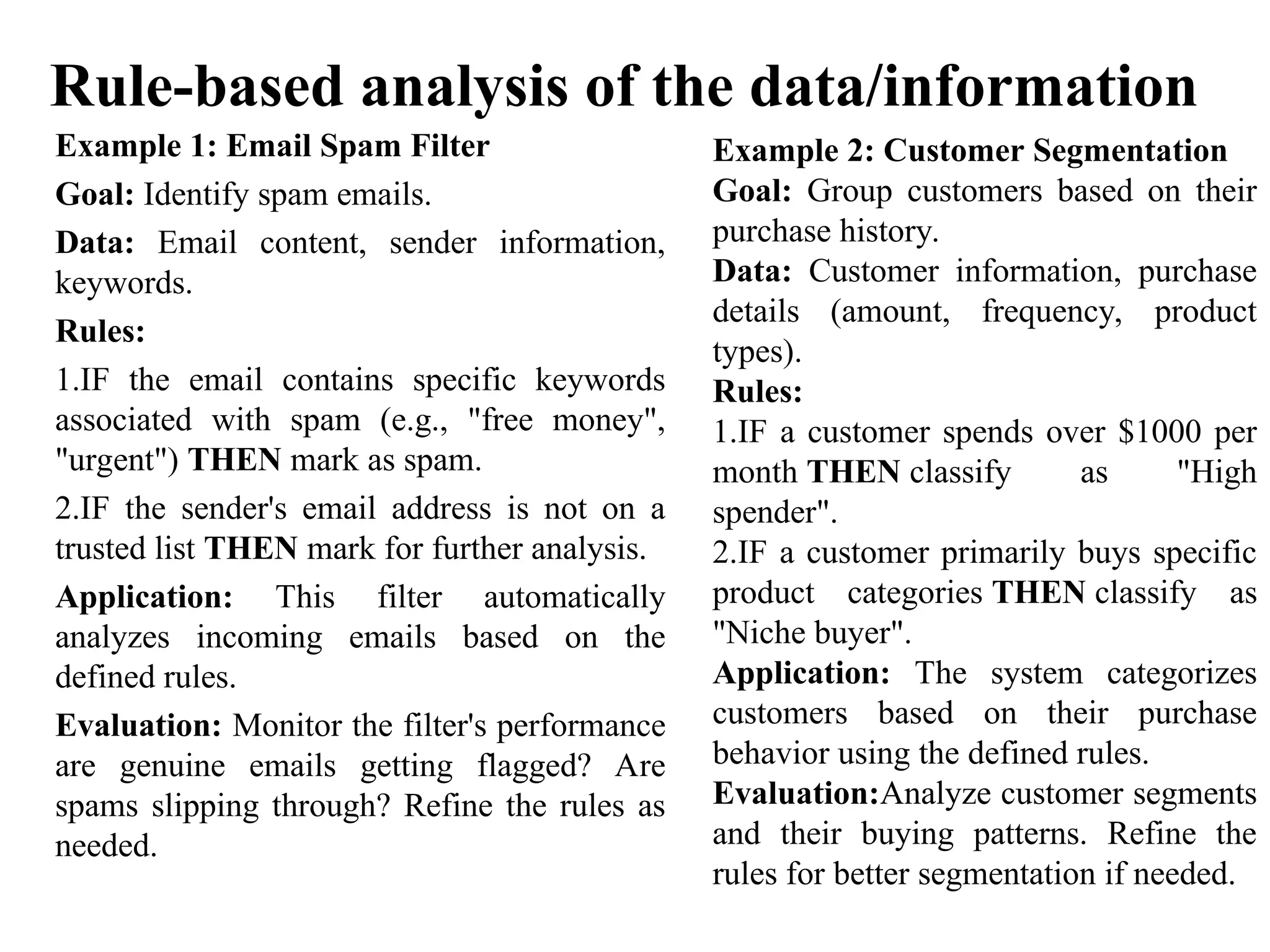 Rule-based analysis of the data/information
Example 1: Email Spam Filter
Goal: Identify spam emails.
Data: Email content, sender information,
keywords.
Rules:
1.IF the email contains specific keywords
associated with spam (e.g., "free money",
"urgent") THEN mark as spam.
2.IF the sender's email address is not on a
trusted list THEN mark for further analysis.
Application: This filter automatically
analyzes incoming emails based on the
defined rules.
Evaluation: Monitor the filter's performance
are genuine emails getting flagged? Are
spams slipping through? Refine the rules as
needed.
Example 2: Customer Segmentation
Goal: Group customers based on their
purchase history.
Data: Customer information, purchase
details (amount, frequency, product
types).
Rules:
1.IF a customer spends over $1000 per
month THEN classify as "High
spender".
2.IF a customer primarily buys specific
product categories THEN classify as
"Niche buyer".
Application: The system categorizes
customers based on their purchase
behavior using the defined rules.
Evaluation:Analyze customer segments
and their buying patterns. Refine the
rules for better segmentation if needed.
 