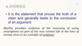 • It is the statement that proves the truth of a
claim and generally leads to the conclusion
of an argument.
55
4. EVIDENCE
Martha provides evidence of the necessity of using
smartphone as part of the new normal life in the time of
corona virus is an example of evidence.
 