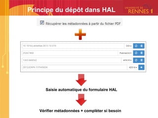 Principe du dépôt dans HAL
Saisie automatique du formulaire HAL
Vérifier métadonnées + compléter si besoin
 