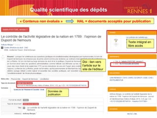 Qualité scientifique des dépôts
« Contenus non évalués » HAL = documents acceptés pour publication
Données de
publication
Texte intégral en
libre accès
Doi : lien vers
l’article sur le
site de l’éditeur
 