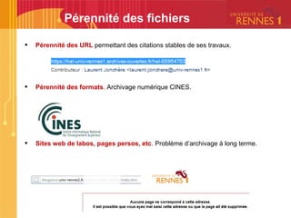  Pérennité des URL permettant des citations stables de ses travaux.
 Pérennité des formats. Archivage numérique CINES.
 Sites web de labos, pages persos, etc. Problème d’archivage à long terme.
Pérennité des fichiers
 