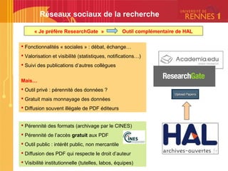 Réseaux sociaux de la recherche
« Je préfère ResearchGate » Outil complémentaire de HAL
 Fonctionnalités « sociales » : débat, échange…
 Valorisation et visibilité (statistiques, notifications…)
 Suivi des publications d’autres collègues
Mais…
 Outil privé : pérennité des données ?
 Gratuit mais monnayage des données
 Diffusion souvent illégale de PDF éditeurs
 Pérennité des formats (archivage par le CINES)
 Pérennité de l’accès gratuit aux PDF
 Outil public : intérêt public, non mercantile
 Diffusion des PDF qui respecte le droit d’auteur
 Visibilité institutionnelle (tutelles, labos, équipes)
 
