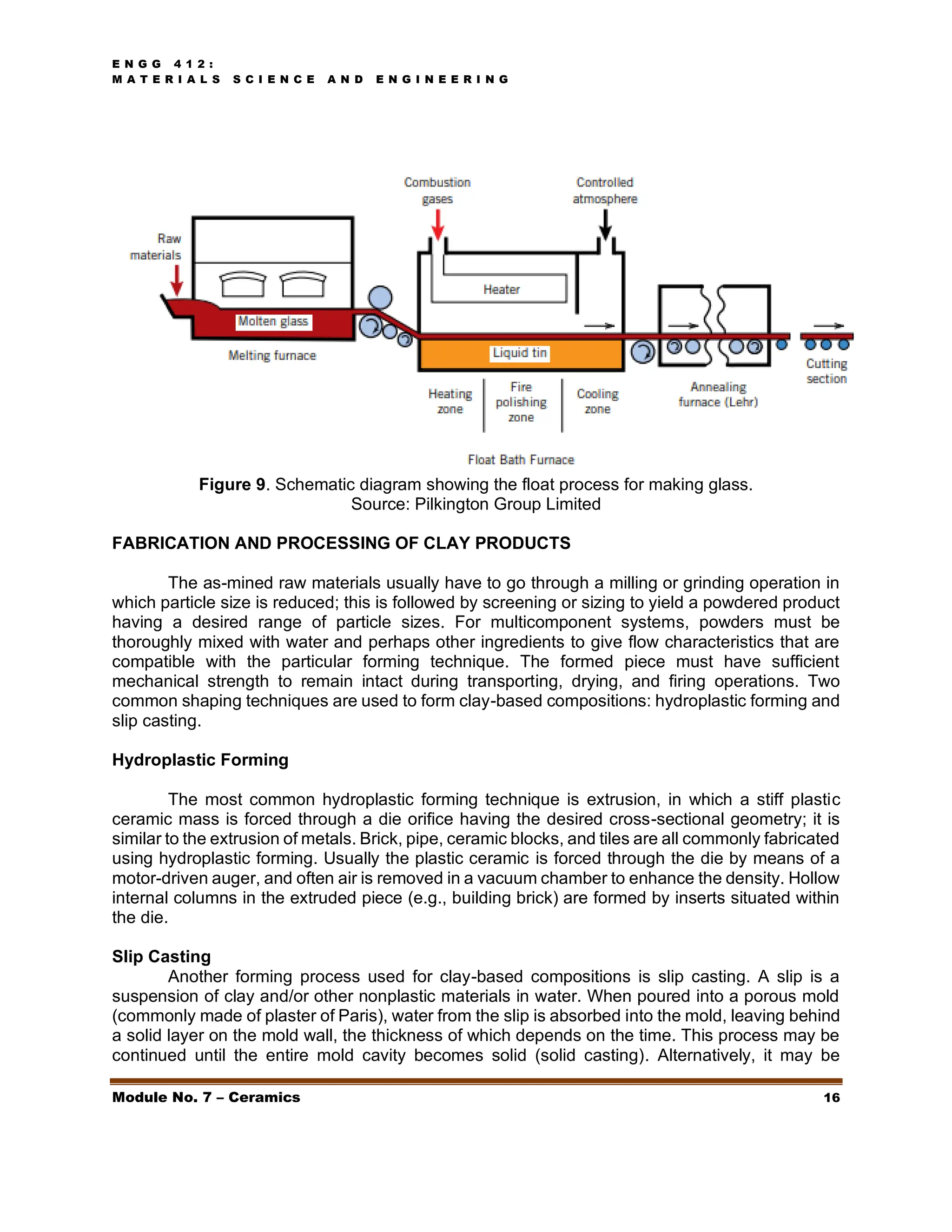 E N G G 4 1 2 :
M A T E R I A L S S C I E N C E A N D E N G I N E E R I N G
Module No. 7 – Ceramics 16
Figure 9. Schematic diagram showing the float process for making glass.
Source: Pilkington Group Limited
FABRICATION AND PROCESSING OF CLAY PRODUCTS
The as-mined raw materials usually have to go through a milling or grinding operation in
which particle size is reduced; this is followed by screening or sizing to yield a powdered product
having a desired range of particle sizes. For multicomponent systems, powders must be
thoroughly mixed with water and perhaps other ingredients to give flow characteristics that are
compatible with the particular forming technique. The formed piece must have sufficient
mechanical strength to remain intact during transporting, drying, and firing operations. Two
common shaping techniques are used to form clay-based compositions: hydroplastic forming and
slip casting.
Hydroplastic Forming
The most common hydroplastic forming technique is extrusion, in which a stiff plastic
ceramic mass is forced through a die orifice having the desired cross-sectional geometry; it is
similar to the extrusion of metals. Brick, pipe, ceramic blocks, and tiles are all commonly fabricated
using hydroplastic forming. Usually the plastic ceramic is forced through the die by means of a
motor-driven auger, and often air is removed in a vacuum chamber to enhance the density. Hollow
internal columns in the extruded piece (e.g., building brick) are formed by inserts situated within
the die.
Slip Casting
Another forming process used for clay-based compositions is slip casting. A slip is a
suspension of clay and/or other nonplastic materials in water. When poured into a porous mold
(commonly made of plaster of Paris), water from the slip is absorbed into the mold, leaving behind
a solid layer on the mold wall, the thickness of which depends on the time. This process may be
continued until the entire mold cavity becomes solid (solid casting). Alternatively, it may be
 