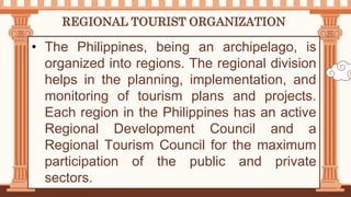 REGIONAL TOURIST ORGANIZATION
• The Philippines, being an archipelago, is
organized into regions. The regional division
helps in the planning, implementation, and
monitoring of tourism plans and projects.
Each region in the Philippines has an active
Regional Development Council and a
Regional Tourism Council for the maximum
participation of the public and private
sectors.
 