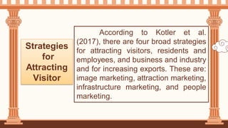 According to Kotler et al.
(2017), there are four broad strategies
for attracting visitors, residents and
employees, and business and industry
and for increasing exports. These are:
image marketing, attraction marketing,
infrastructure marketing, and people
marketing.
Strategies
for
Attracting
Visitor
 