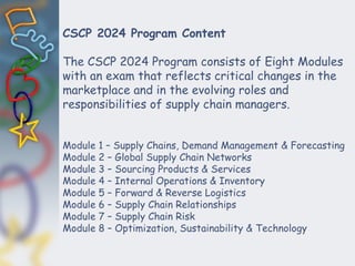 CSCP 2024 Program Content
The CSCP 2024 Program consists of Eight Modules
with an exam that reflects critical changes in the
marketplace and in the evolving roles and
responsibilities of supply chain managers.
Module 1 – Supply Chains, Demand Management & Forecasting
Module 2 – Global Supply Chain Networks
Module 3 – Sourcing Products & Services
Module 4 – Internal Operations & Inventory
Module 5 – Forward & Reverse Logistics
Module 6 – Supply Chain Relationships
Module 7 – Supply Chain Risk
Module 8 – Optimization, Sustainability & Technology
 