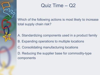 Quiz Time – Q2
Which of the following actions is most likely to increase
total supply chain risk?
A. Standardizing components used in a product family
B. Expanding operations to multiple locations
C. Consolidating manufacturing locations
D. Reducing the supplier base for commodity-type
components
 