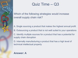 Quiz Time – Q3
Which of the following strategies would increase
overall supply chain risk?
A. Single sourcing a product that makes the highest annual profit
B. Outsourcing a product that is not well suited to your operations
C. Identify multiple sources for a product that has a potential for
supply chain disruption
D. Internally manufacturing a product that has a high level of
technical intellectual property
Answer: A
 
