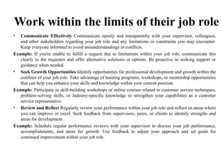 Work within the limits of their job role
• Communicate Effectively Communicate openly and transparently with your supervisor, colleagues,
and other stakeholders regarding your job role and any limitations or constraints you may encounter.
Keep everyone informed to avoid misunderstandings or conflicts.
Example: If you're unable to fulfill a request due to limitations within your job role, communicate this
clearly to the requester and offer alternative solutions or options. Be proactive in seeking support or
guidance when needed.
• Seek Growth Opportunities Identify opportunities for professional development and growth within the
confines of your job role. Take advantage of training programs, workshops, or mentorship opportunities
that can help you enhance your skills and knowledge within your current position.
Example: Participate in skill-building workshops or online courses related to customer service techniques,
problem-solving skills, or industry-specific knowledge to strengthen your capabilities as a customer
service representative.
• Review and Reflect Regularly review your performance within your job role and reflect on areas where
you can improve or excel. Seek feedback from supervisors, peers, or clients to identify strengths and
areas for development.
Example: Schedule regular performance reviews with your supervisor to discuss your job performance,
accomplishments, and areas for growth. Use feedback to adjust your approach and set goals for
continued improvement within your job role.
 