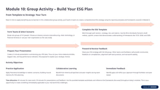 Module 10: Group Activity – Build Your ESG Plan
From Template to Strategy: Your Turn
Now it's time to apply everything you've learned. In this collaborative group activity, you'll work in teams to create a comprehensive ESG strategy using the reporting template and frameworks covered in Module 9.
Form Teams & Select Scenario
Break into groups of 4-5 people. Choose an industry scenario (manufacturing, retail, technology, or
financial services) or use your own organization as the case study.
Complete the ESG Template
Work through each section—strategy, risk, and metrics. Use the fill-in-the-blanks format to draft
realistic, specific content that demonstrates understanding of frameworks like TCFD, SASB, and ESRS.
Prepare Your Presentation
Create a 5-minute presentation summarizing your ESG plan. Focus on your most material priorities,
biggest risks, and key performance indicators. Be prepared to explain your strategic choices.
Present & Receive Feedback
Share your ESG strategy with the full group. Other teams and facilitators will provide constructive
feedback on completeness, alignment with best practices, and real-world viability.
Activity Objectives
Practice Application
Apply theoretical knowledge to realistic scenarios, building muscle
memory for ESG planning
Collaborative Learning
Benefit from diverse perspectives and peer insights during team
discussions
Immediate Feedback
Identify gaps and refine your approach through facilitator and peer
review
Time allocation: 60 minutes for team work, 30 minutes for presentations and feedback. Use the provided template worksheets and reference the frameworks discussed throughout today's modules. This is your
opportunity to create something immediately applicable to your real-world ESG challenges.
 