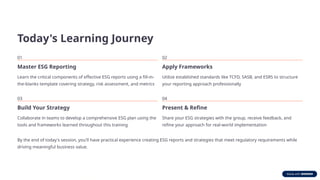 Today's Learning Journey
01
Master ESG Reporting
Learn the critical components of effective ESG reports using a fill-in-
the-blanks template covering strategy, risk assessment, and metrics
02
Apply Frameworks
Utilize established standards like TCFD, SASB, and ESRS to structure
your reporting approach professionally
03
Build Your Strategy
Collaborate in teams to develop a comprehensive ESG plan using the
tools and frameworks learned throughout this training
04
Present & Refine
Share your ESG strategies with the group, receive feedback, and
refine your approach for real-world implementation
By the end of today's session, you'll have practical experience creating ESG reports and strategies that meet regulatory requirements while
driving meaningful business value.
 