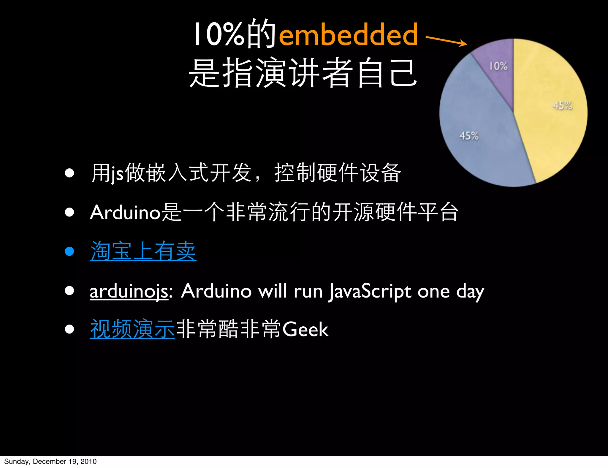 10% embedded



               •            js

               •       Arduino

               •
               •       arduinojs: Arduino will run JavaScript one day

               •                             Geek




Sunday, December 19, 2010
 