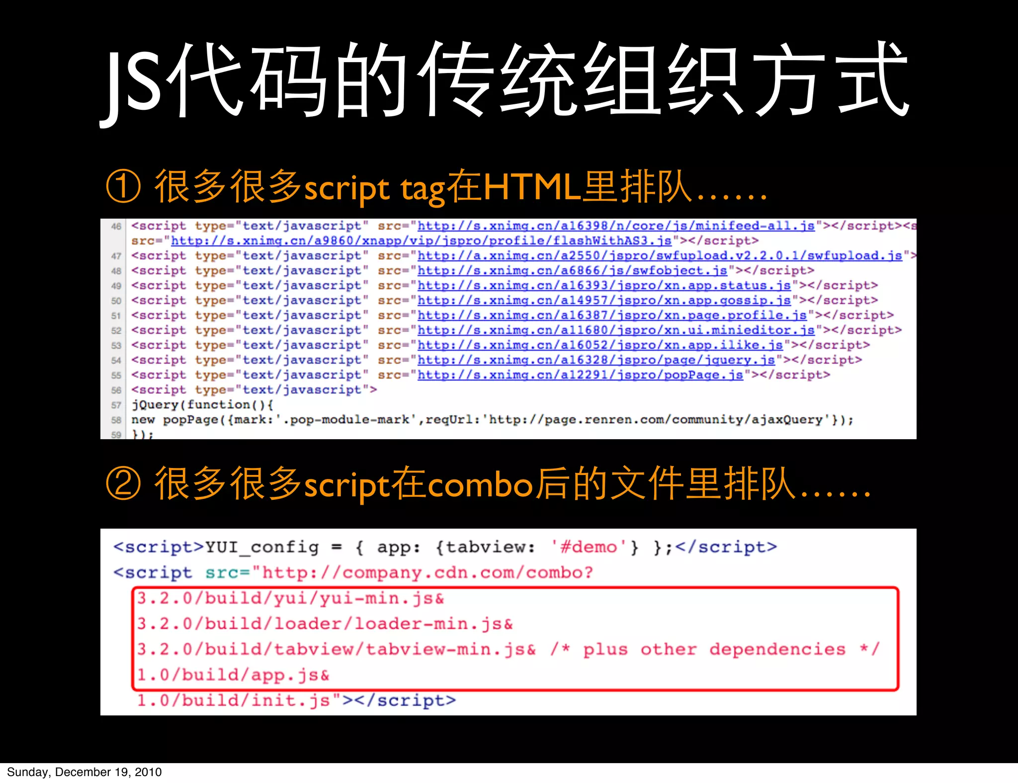 JS
                            script tag HTML   ……




                            script combo           ……




Sunday, December 19, 2010
 
