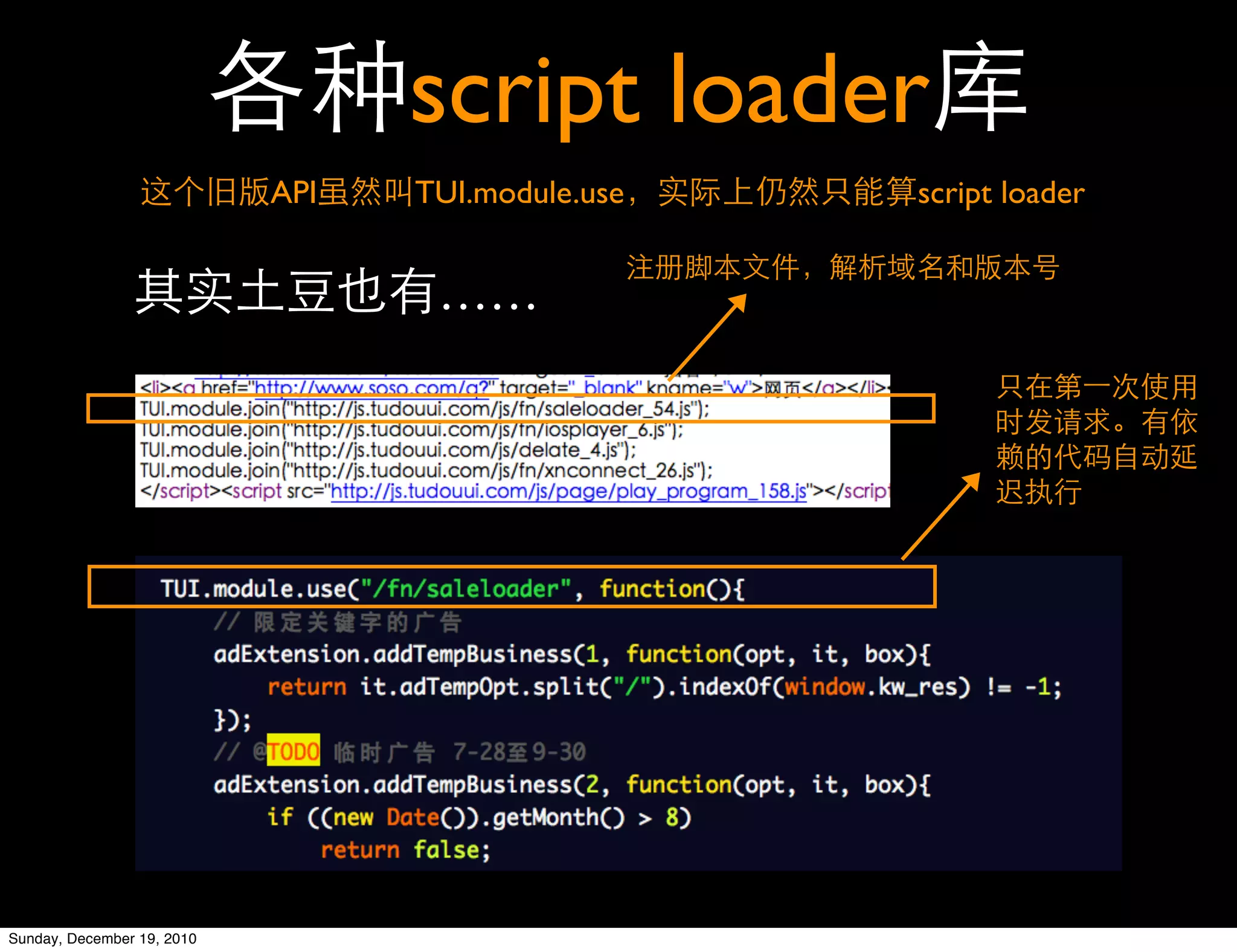 script loader
                            API   TUI.module.use   script loader


                                   ……




Sunday, December 19, 2010
 