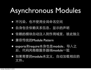 Asynchronous Modules
                   •
                   •
                   •
                   •                  Module Pattern

                   •        exports require        module
                                                   module

                   •                  module


Sunday, December 19, 2010
 
