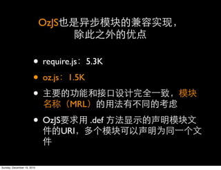 OzJS


                       • require.js 5.3K
                       • oz.js 1.5K
                       •
                                    MRL

                       • OzJS             .def
                                   URI


Sunday, December 19, 2010
 