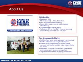 ALD Profile ●  Established 1974 ●  120 franchisees (41 states, 6 countries) ●  5 ALD corporate-owned operations ●  Approx $50m system revenue (ALD corporate  + franchisees) ●  Consistent/steady/positive growth  ●  ALD owned 92% by Plain Sight Systems, technology  parent which purchased ALD in Feb 2006 Our Addressable Market ●  ALD finds/fixes water, sewer, gas leaks “non-invasively” ●  Branded vehicles service assigned “territories” ●  Specialized equipment/training and non-invasive  manner of leak location results in higher margin offering  and returns  ●  Everyone is a customer (homeowners, pool owners  commercial property owners, municipalities) ●  Large addressable market (crumbling infrastructure)   About Us 
