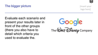 10
1
[Insert your
logo here]
The bigger picture
Evaluate each scenario and
present your results later in
front of the other groups
(there you also have to
detail which criteria you
used to evaluate the.
 