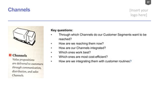 37
[Insert your
logo here]
Channels
Key questions:
• Through which Channels do our Customer Segments want to be
reached?
• How are we reaching them now?
• How are our Channels integrated?
• Which ones work best?
• Which ones are most cost-efficient?
• How are we integrating them with customer routines?
 