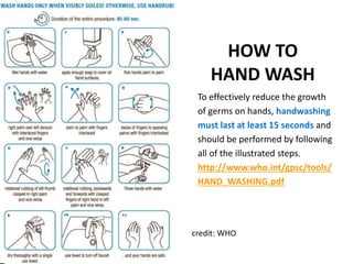To effectively reduce the growth
of germs on hands, handwashing
must last at least 15 seconds and
should be performed by f...