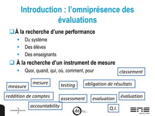 Introduction : l’omniprésence des
évaluations
À la recherche d’une performance
 Du système
 Des élèves
 Des enseignants
 À la recherche d’un instrument de mesure
 Quoi, quand, qui, où, comment, pour
measure
mesure testing
évaluationassessment evaluation
Q.I.
obligation de résultats
reddition de comptes
accountability
classement
 