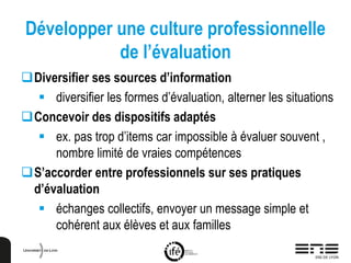 Développer une culture professionnelle
de l’évaluation
Diversifier ses sources d’information
 diversifier les formes d’évaluation, alterner les situations
Concevoir des dispositifs adaptés
 ex. pas trop d’items car impossible à évaluer souvent ,
nombre limité de vraies compétences
S’accorder entre professionnels sur ses pratiques
d’évaluation
 échanges collectifs, envoyer un message simple et
cohérent aux élèves et aux familles
 