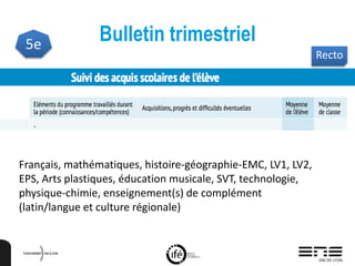 Bulletin trimestriel5e
Français, mathématiques, histoire-géographie-EMC, LV1, LV2,
EPS, Arts plastiques, éducation musicale, SVT, technologie,
physique-chimie, enseignement(s) de complément
(latin/langue et culture régionale)
Recto
 